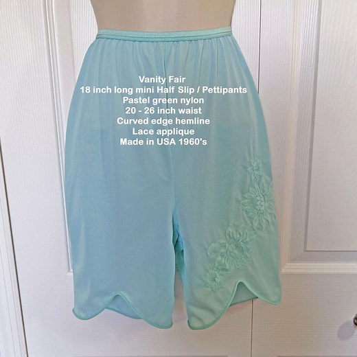 Vanity Fair 18 Inch Long Mini Half Slip / Pettipants, Pastel Green Nylon, 20 - 26 Inch Waist, Curved Edge, Lace Applique, Made in USA 1960's - Etsy