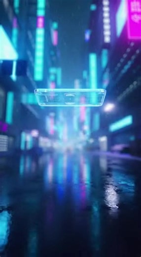 Futuristic transparent holographic phone controlled by hand gestures. Cyberpunk city backdrop, glowing UI. Cinematic 4K vertical visuals....