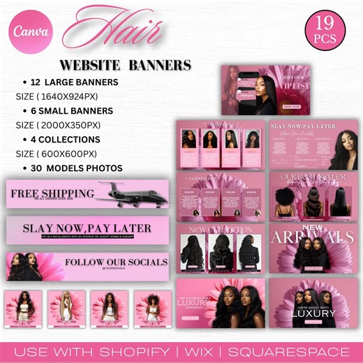 Pink Hair Website Banner Templates Bundle: Editable Shopify, Wix Headers & Footers Slides (canva Designs, Digital Download) - Etsy
