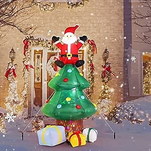 WOOKRAYS 6FT Christmas Inflatable Blow Up Decoration, Inflatable Christmas Tree with Santa Claus & 3 Gift Boxes, Built-in LED Light Up Gaint Xrismas Décor with Blower for Outdoor Indoor Garden Yard