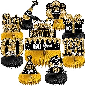 LINAYE 60th Birthday Decorations for Men Women, Black and Gold Honeycomb Centerpieces for 60 Year Old Birthday Party,60th Birthday Centerpieces for Table,Vintage Sixty Birthday Decoration Decor