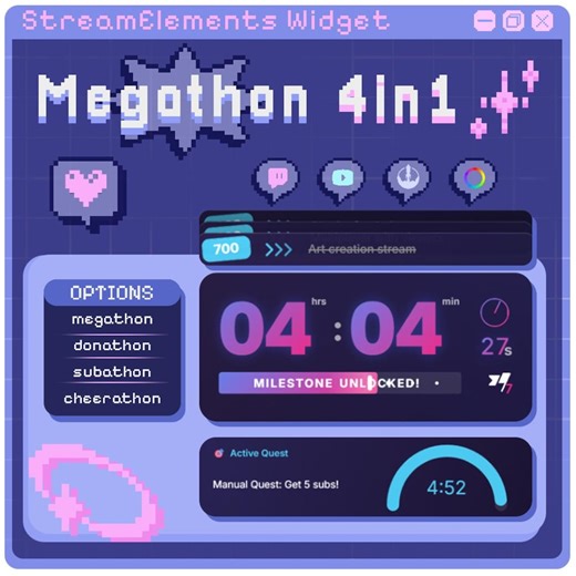 Megathon 4-in-1 Streamelements Widget | Twitch Timer & Goal Tracker for Subathon, Donathon, Cheerathon - Etsy