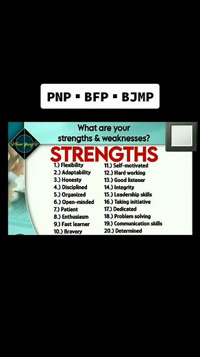 💥STRENGTHS & WEAKNESSES SAMPLE FOR INTERVIEW ▪︎ PNP, BFP & BJMP ASPIRANTS ⚠️This video is for educational pursoses only. #teamyhang #yhangdelacruz #strengthsandweaknesses #strengths #strength #fypシ #viral #weaknesses #fyp #weakness #fypage #fy #fypシ゚viral #Tribureau #panelinterviewtips #fypdongggggggg #learn #learnontiktok #foryourpage #fyppppppppppppppppppppppp #tiktokviral #tiktokph #foryouspotted #fyvideo #tiktokphilippines #foryouvideo