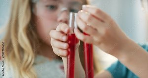 Test tube, science and children with liquid for education, creative lesson and chemistry experiment. School, knowledge and young kids with red chemicals for learning, study biology and development