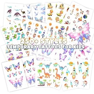 Tattoos for Kids – 250+ Styles Temporary Tattoos Stickers for Boys and Girls, Featuring Dinosaurs, Butterfly, Spacemen Stickers for Birthday Party Favor