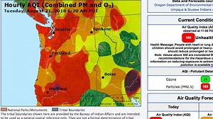 We're looking at the hourly air quality map for the Pacific Northwest. The Air Quality Index in Portland as of 6 a.m. was 178. Air is considered "unhealthy" at 150 and "very unhealthy" at 200. Around the state, from Pendleton to Ashland to Prineville, many locales were well above 150. More details: https://www.oregonlive.com/expo/news/erry-2018/08/beb9436b279230/unhealthy-wildfire-smoke-blank.html | The Oregonian