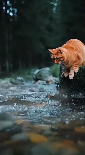 Trout Bursts From Mountain Stream — Cat Slips on Moss While Escaping