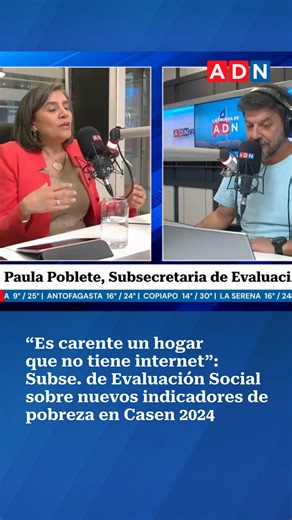 Radio ADN on Instagram: "| 📌 En conversación con La Prueba de ADN, la Subsecretaría de Evaluación Social, Paula Poblete, explicó la nueva medición que se ocupó para la Encuesta de Caracterización Socioeconómica Nacional (CASEN) 2024. Según las cifras, la pobreza por ingresos bajó a un 17,3% en 2024, 3,2 puntos porcentuales menos que su última medición. “Nosotros estamos diciendo que es carente un hogar que no tiene internet”, afirmó Poblete sobre las nuevas formas de medición de la pobreza util