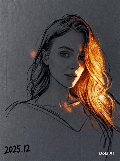 Sketching tutorial ①.Download the Dola app ②.Upload your photos ③.And enter my comments #dola #ai #photomagic Minimalist line sketch on dark cool gray cardboard, bold freehand brushwork style. Smooth and ultra-minimalist lines outline the form, with free-flowing, wild cursive-like strokes, no light and shadow layers, and extensive negative space. Front-side lighting, with glowing glittering orange-gold applied to the illuminated areas, exuding exquisite elegance. Critical note: Cool light areas 