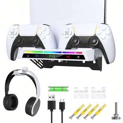 P5 Wall Mount Charging Station, Dual Controller Charger With RGB Light, Headset Holder, Floating Shelf For P5/P5 Slim/Pro, Space-Saving Gaming Console Mount Kit For 5 | SHEIN
