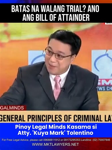 Batas na Walang Trial? Ano ang Bill of Attainder Pinoy Legal Minds Kasama sina Kapartner Atty. 'Kuya Mark' Tolentino at MJ Mondejar Topic: General Principles of Criminal Law 🌐 Visit us at: www.mktlawyers.net 📞 For Free Legal Advice, contact us at: 📱 0968-881-1912 / 0917-329-5353 ☎️ Landline: (02) 7000-7846 #PinoyLegalMinds #KuyaMarkTolentino | Atty. Mark Tolentino