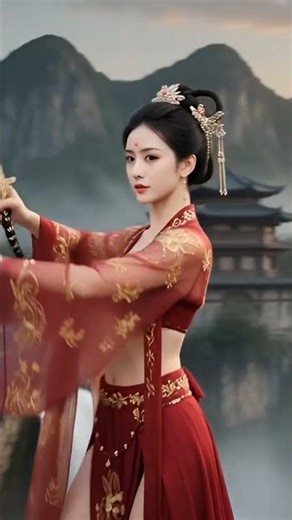 Graceful Chinese girl performs a powerful sword dance in ancient costume, blending beauty