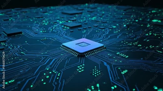 Close-up footage video of a microchip on a circuit board, showcasing technology and innovation in a dark environment