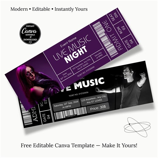 Concert Ticket Template Event Design Editable Canva Printable Music VIP Barcode Digital Nightclub DJ Rave Show Pass - Etsy