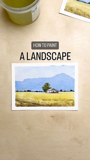 Dani (Daria) on Instagram: "Try painting this watercolor landscape💕 Colors I used: 💙 Sky Cobalt Blue 💛 Land Quinacridone Gold, Raw Sienna, Burnt Umber + Burnt Umber, Sepia, Sap Green for the shadows 🤎 House Burnt Umber, Cobalt Blue, Raw Sienna 💚 Trees Sap Green, Sepia for the foreground tree Ultramarine Blue, Sepia for distant trees For details I used Burnt Umber, Sepia and Neutral Tint This is a simple landscape, because there is no need to stress too much about consistency of the paint an