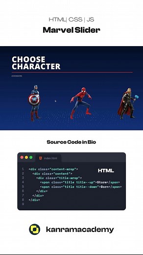 Kanram Academy on Instagram: "Today reel is about how to create a marvel slider Complete Code: https://codepen.io/jgnacademy collaboration with @jgnacademy More and more CSS & JavaScript content will be seen . Explanations, Tricks, Cheatsheets keeping previous stuffs like reels and projects as it is. Hope you enjoy it. If you want to see something more. Do let me know in the comments. • . Tags #webdevelopment #webdesign #webdeveloper #html #css #javascript #reactjs #uiux #code #design #art #codi
