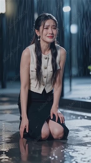 Emotional Young Woman Kneeling and Crying in Heavy Rain at Night. Vulnerability and emotional pain. Vertical video