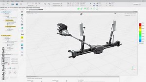 Animation Of Ui For Designing Technical Components Of Car. Technical 3D Modeling Software. CAD Animation. Connecting Car Parts In Technical Program. Industrial Animation. Attaching Car Wheels