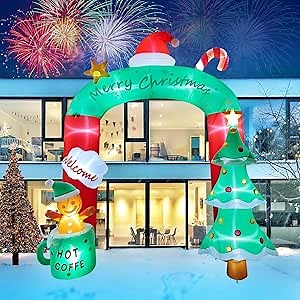 8.9FT Christmas Inflatable Archway Outdoor Decorations, Giant Arch Blow Up Yard Decor with Christmas Tree, Hot Coffe, Snowman, Red Hat, Candy Cane, Build-in LED Lights for Xmas Home Garden Lawn Yard