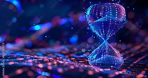 A digital hourglass with sand grains turning into binary code as they fall, symbolizing time's fleeting nature in big data era. Big data visualization