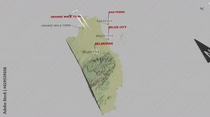 Seamless looping animation of the 3d terrain map of Belize with the capital and the biggest cites in 4K resolution