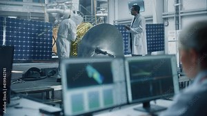 Female Engineer uses Computer to Analyse Satellite, Calculate Orbital Trajectory Tracking. Aerospace Agency International Space Mission: Scientists Working on Spacecraft Construction. Over Shoulder