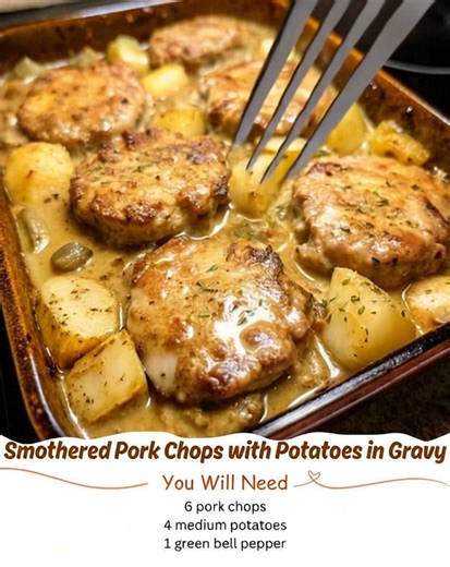 Smothered Pork Chops with Potatoes in Gravy YAY OR NAY! Ingredients: 6 pork chops (bone-in or boneless, about 1-inch thick) 4 medium potatoes, peeled and cut into chunks 1 green bell pepper, diced (optional for added flavor) 1 small onion, chopped 3 tablespoons olive oil or butter 1 teaspoon garlic powder 1 teaspoon onion powder 1 teaspoon paprika | The Hidden Recipe