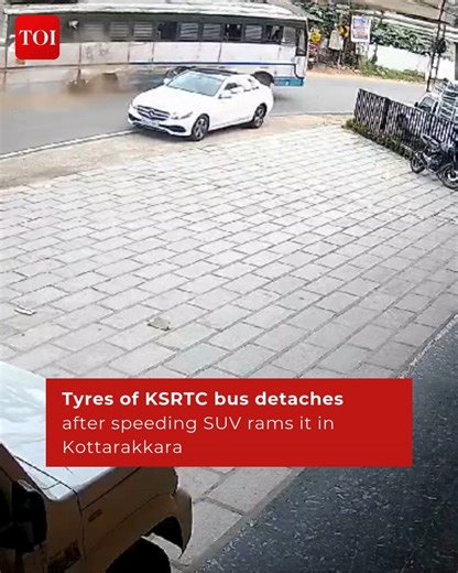A dramatic accident involving a #KSRTC bus and an SUV took place at Pulamon, Kottarakkara. The collision, caused by the speeding SUV, resulted in significant damage to the bus. Fortunately, no injuries were reported. Read here 🔗 http://toi.in/1xcxrZ | The Times of India