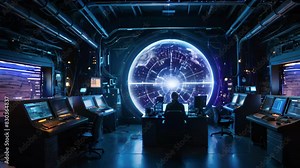 Technician Monitoring High-Tech Control Center With Large Digital Screen at Night