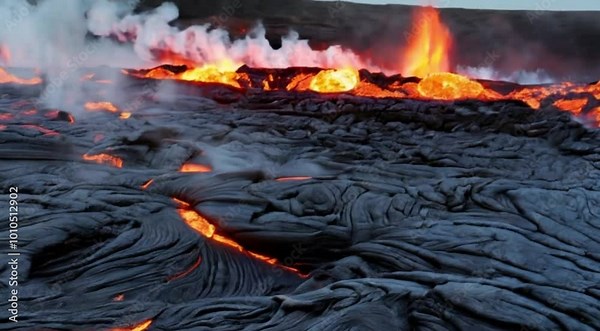 Capture the slow formation of hexagonal basalt lava columns at a remote volcanic site, showing the geometric beauty created by natural forces.
