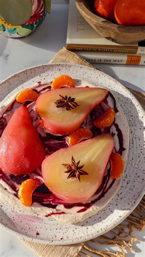 Pink Hibiscus Poached Pears with Cardamom Tahini Vanilla Yogurt 💖 Ingredients: Poaching Pear liquid: 8 cups Water 2 cups Coconut milk (I used full fat coconut milk from the can) 4 tbsp Hibiscus tea leaves 1 tsp Orange zest (about 1/2 an orange) 1 Star anise 1 Cinnamon stick 1/3 cup maple syrup 2 pears, peeled (firm) Add all ingredients to a large pot. Bring to a boil (with pears) then down to a medium low simmer for about 35 mins, remove pears from the liquid and refrigerate to cool. Into a sma
