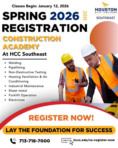 1.5K views | Build your future at our Construction Academy! The first step starts with registration, which is open now for Spring 2026. Enroll today at hccs.edu/se-register-now and turn your potential into a paycheck. #ConstructionAcademy #SkilledTrades #HCCSoutheast #WeAreHCC | HCC Southeast | Facebook