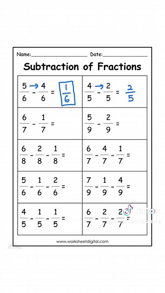 Subtraction of Fractions for Grade 3 Students