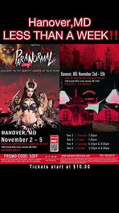 Hanover ,MD LESS THAN A WEEK‼️ November 2-5 at Arundel Mills🔥 This R RATED HORROR SHOW is COMING TO YOU! TICKETS AVAILABLE NOW‼️ https://red.cirqueitalia.com/events/960_Paranormal-Cirque-III-Hanover-MD?cid=FBC Save $5 per ticket! USE PROMO CODE: FACE50FF *𝙒𝘼𝙍𝙉𝙄𝙉𝙂 - 𝙎𝙩𝙧𝙤𝙗𝙚 𝙡𝙞𝙜𝙝𝙩𝙨 𝙪𝙨𝙚𝙙 𝙞𝙣 𝙩𝙝𝙚 𝙥𝙚𝙧𝙛𝙤𝙧𝙢𝙖𝙣𝙘𝙚 * When: November 2nd – 5th, 2023 Where: 7000 Arundel Mills Circle, Hanover, MD 21076 At: Arundel Mills in the parking lot – Under the terrifying White & Bla