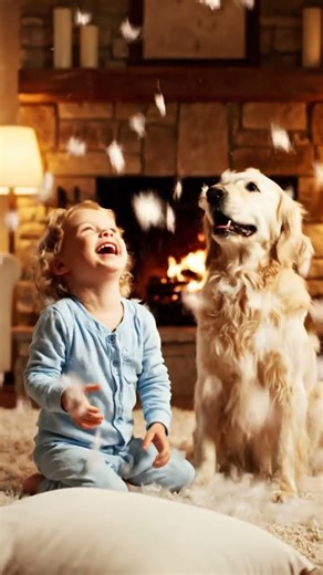 Baby and Retriever Pillow Fight