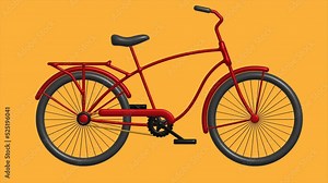 4K video with 3D animation of an old retro bike on a yellow background. The red metal bicycle rides, the pedals are spinning. Looped animation. Healthy lifestyle