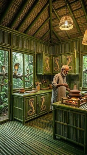 Old Man Sleeping on a Giant King Cobra Bamboo Bed in a Jungle House #trending #edit #shorts