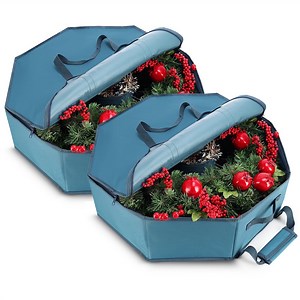 Hearth & Harbor 24" Christmas Wreath Storage Container with Interior Pockets and Dual Zippers, 2-Pack, Blue