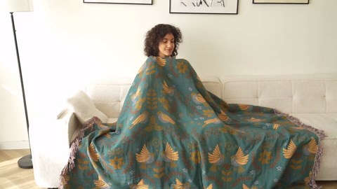 Boho Throw Blanket for Bed 100% Cotton Soft Quilt Spring Lightweight Blanket Bird Floral Embroidery Room Decor Twin Bed Blankets,60"x80" All Season Breathable Throw for Sofa&Couch Chair