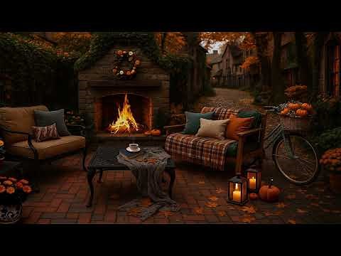 Autumn Terrace Fireplace Ambience | Crackling Fire, Pumpkins & Cozy Fall Vibes 🍂🔥