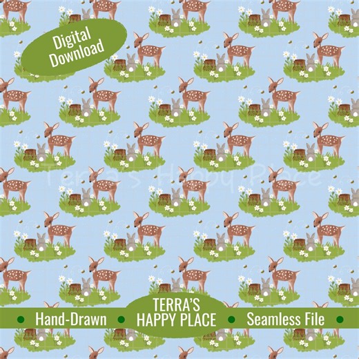 Bunny Fawn Bee Seamless Pattern: Hand-Drawn PNG (Digital Download)