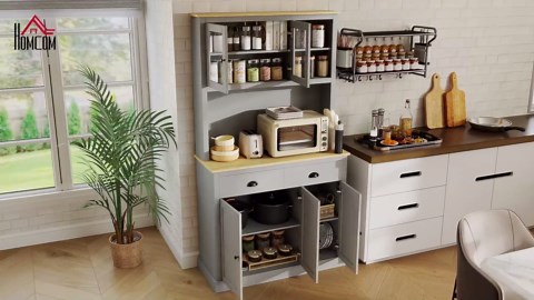 HOMCOM Kitchen Pantry Storage Cabinet with Microwave Stand, 71" Modern Kitchen Hutch with Open Countertop, Glass Doors, Storage Drawers and Adjustable Shelves for Dining Room, Coffee Bar, Gray