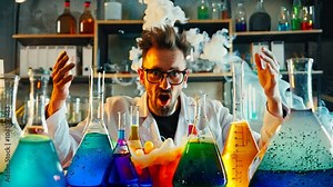 In a vibrant lab, a passionate scientist conducts chemical experiments, creating mesmerizing reactions with bubbling liquids and vivid colors, showcasing science's beauty.