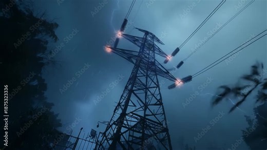 An electric storm displays bright lightning striking power lines in a rural setting during the evening
