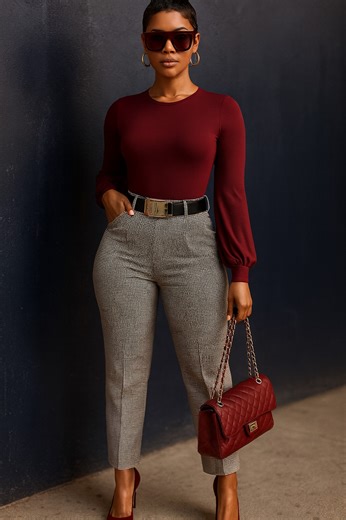 4.7K views · 61 reactions | A classy and structured look for the modern woman. The deep burgundy tone and tailored trousers speak confidence, poise, and professional elegance.  #workstyle | Fashion & Lifestyle & Trends | Facebook