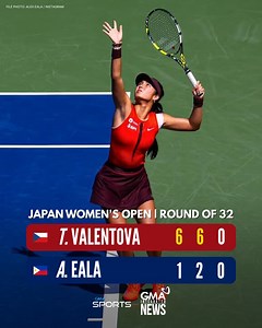 TOUGH BREAK 🇵🇭 JUST IN: Filipina tennis ace Alex Eala exits the 2025 Japan Women's Open in the Round of 32 following a 6-1, 6-2 loss to WTA No. 78 Tereza Valentova of Czechia. | GMA Sports PH