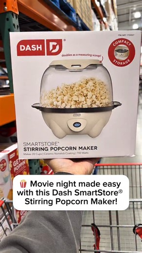 🍿 Movie night made easy with this @bydash SmartStore® Stirring Popcorn Maker! 📍Available now at Costco for just $29.99 and on Costco.com! ✨ Pop up to 24 cups of fresh, movie-theater style popcorn in minutes! Just add oil, kernels, and hit the power button! 🔥 Built-in stirring bar = perfectly popped kernels every time 🧈 Butter-melting lid adds flavor as it pops 🥣 Flip & serve right from the clear bowl 📦 SmartStore design – base nests inside lid for easy storage! 🛒 Don’t miss out! Grab your