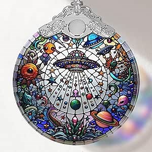 UFO Alien Stained Glass Ornament, Christmas Ornaments, Christmas Tree Decorations, UFO Alien Christmas Decor, UFO Alien Ornaments for Christmas Tree, Holiday Presents, Gift Exchange Ideas