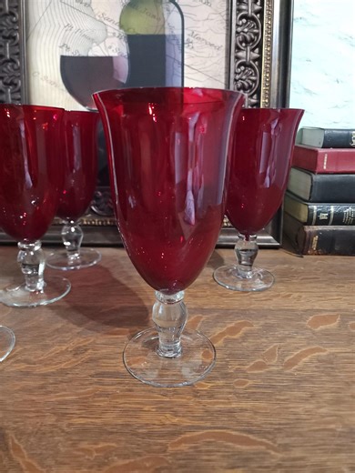 Set of 6 Vintage Ruby Red Glass Goblets, 20 Oz Clear Stem Water Glasses - Etsy