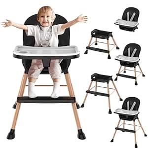 Baby High Chair, 6 and 1 Wooden High Chair, High Chairs for Babies & Toddlers with Adjustable Legs, Baby Eating Chair with Removable Tray, 5-Point Safety Harness & Waterproof PU Cushion (Black)